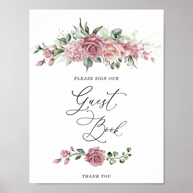Poster  Dusty Pink Floral Bridal Shower Guest Book (Frente)