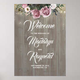 Poster Dusty Rosa Floral Rustic Wedding Bem-vindo