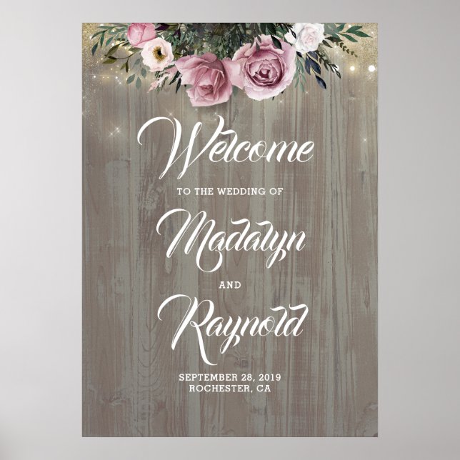 Poster Dusty Rosa Floral Rustic Wedding Bem-vindo (Frente)