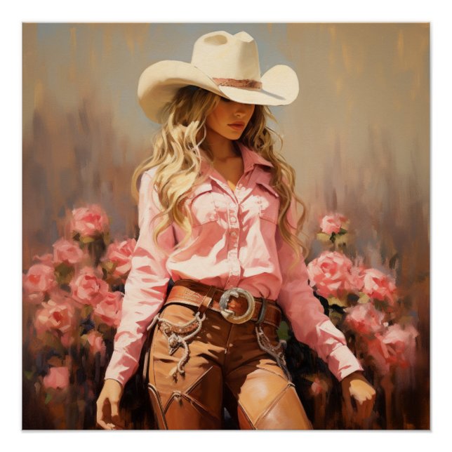 Póster Dusty Rosa Rodeo: Arte de Muro de Cowgirl (Frente)