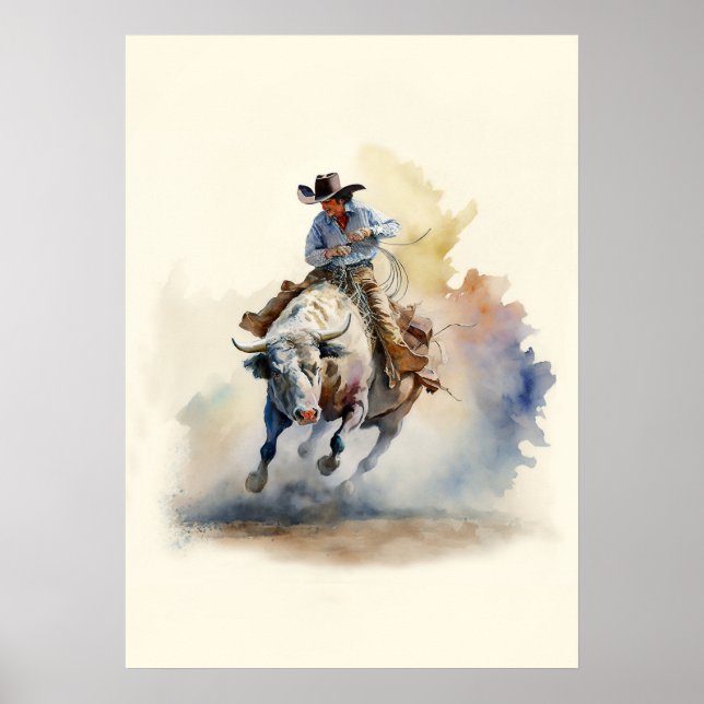 Poster Dusty Western Watercolor "Rodeo Bull Rider" (Frente)