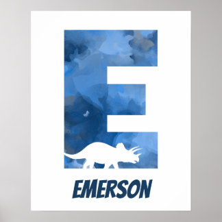 Poster "E" Dinossauro Aquarela Azul Nome da Criança Poste