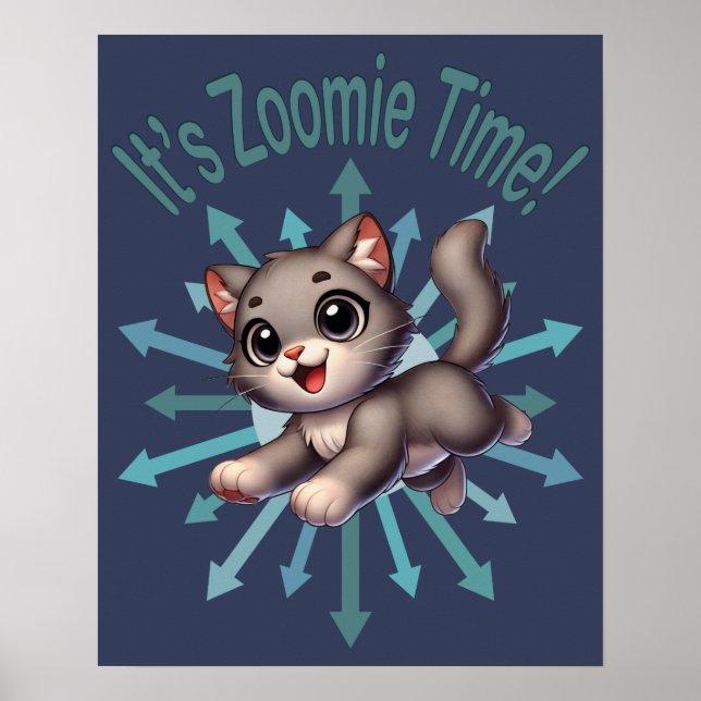 Poster É hora do Zoomie Gato Cinza e Branco Fofo (Frente)