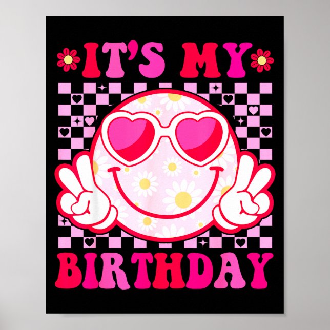 Poster É Meu Aniversário Rosto Sorridente Groovy Mulheres (Frente)