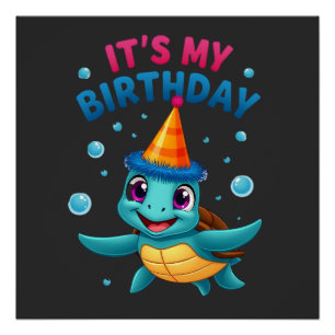 Póster É Meu Aniversário Tartaruga Marinha Fofa Aniversár