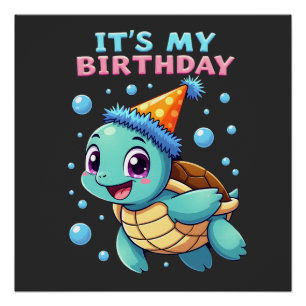 Póster É Meu Aniversário Tartaruga Marinha Fofa Aniversár