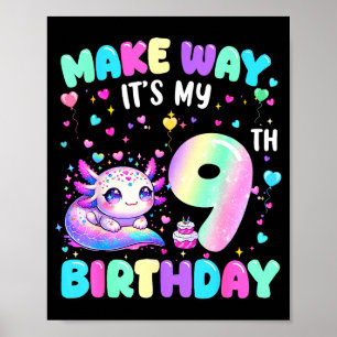 Poster É o meu 9º aniversário Menina Axolote Fofo 9 anos