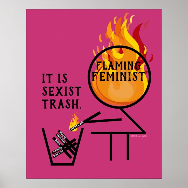 Poster É Sexista Lixo Flamejando Cabelo Feminista no Fogo (Frente)