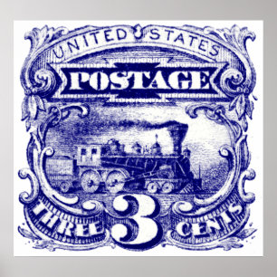 Póster E.U. selo postal locomotivo de 3 centavos de 1869