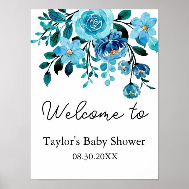 Poster É um Chá de fraldas de Aquarela Floral Azul (Frente)