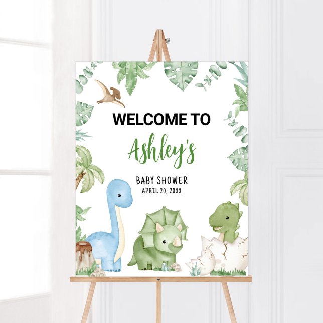 Poster É um Chá de fraldas de Dinossauro (Greenery Boy Dinosaur Baby Shower Welcome Sign)
