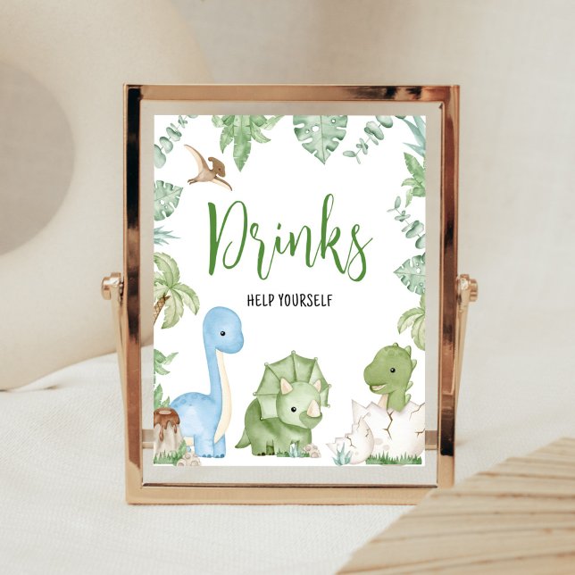 Poster É um Chá de fraldas de Dinossauro (Greenery Boy Dinosaur Baby Shower Drinks Sign)