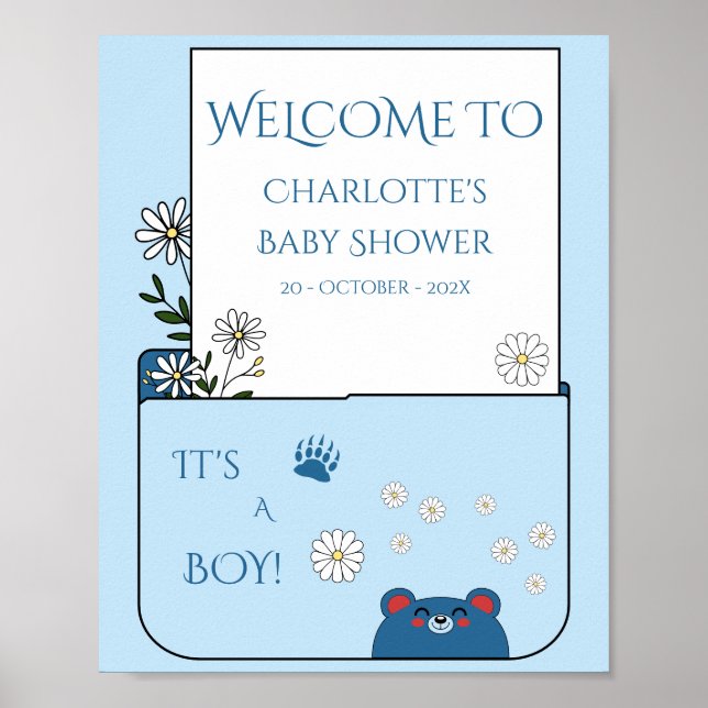 Poster É um menino! Urso Fofo e Flores de Margarida para  (Frente)