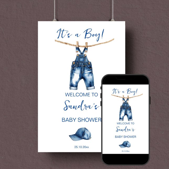 Poster É um sinal de boas-vindas de jeans azuis (Blue jeans it's a boy baby shower minimalist welcome sign editable template poster instant download)