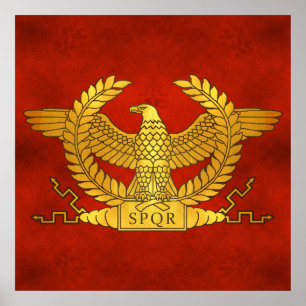Póster Eagle dourado romano no vermelho antigo