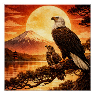 Póster Eagle Japanese Landscape pastor
