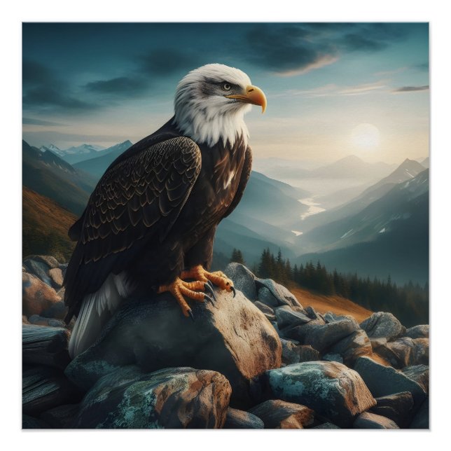 Póster Eagle Perked em Rocky Terrain (Frente)