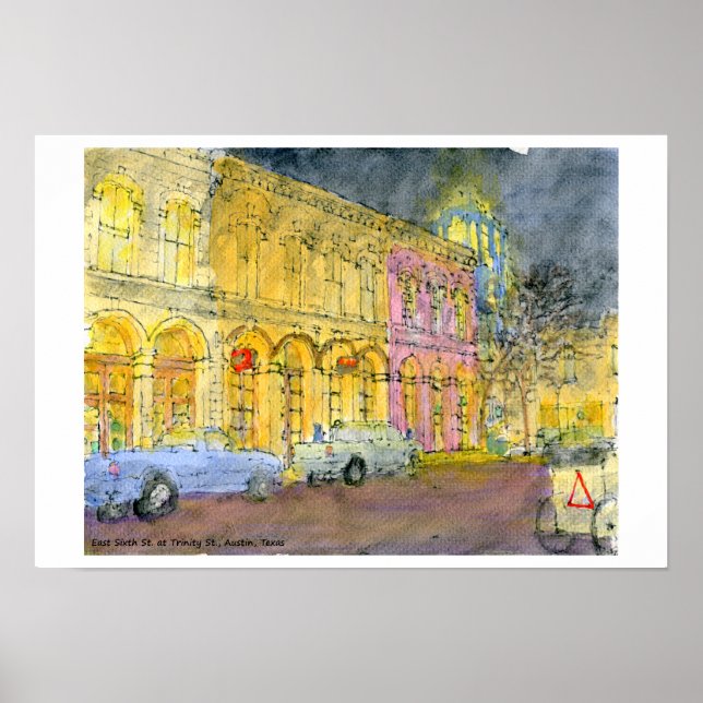 Póster East Sexta Street na Trinity Street, Austin, Texas (Frente)