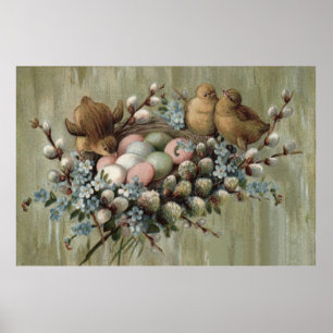 Póster Easter Chick Nest Colored Egg Forget-Me-Nots