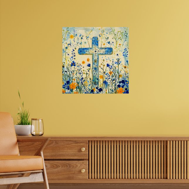 Poster Easter cross by field of flowers (Sala de Estar 2)