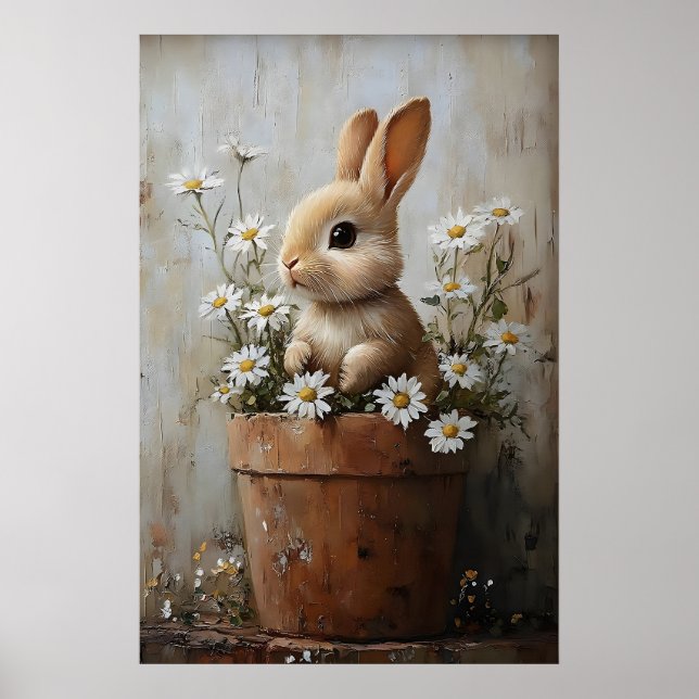 Poster Easter Rabbit Bunny In Flower Pot Print, Rustic (Frente)