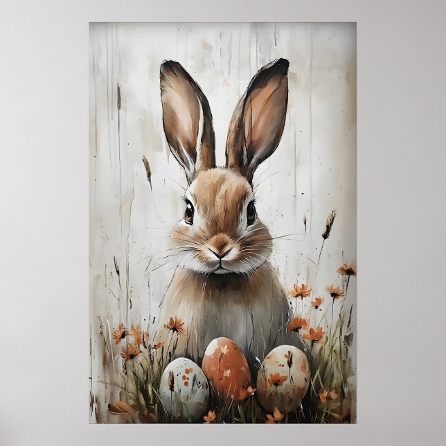 Poster Easter Rabbit Bunny In Flower Print, Rustic Easter (Frente)