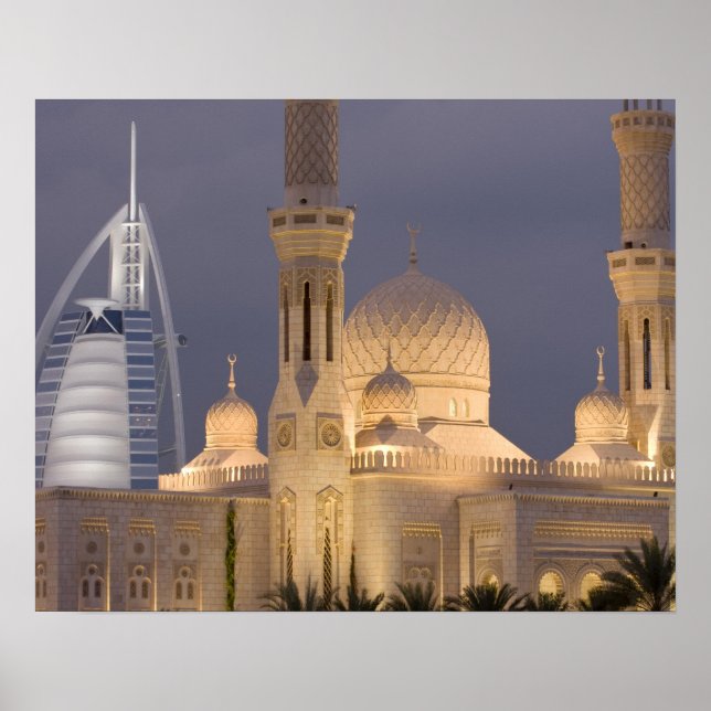 Poster EAU, Dubai. Mesquita à noite com Burj al Arab (Frente)