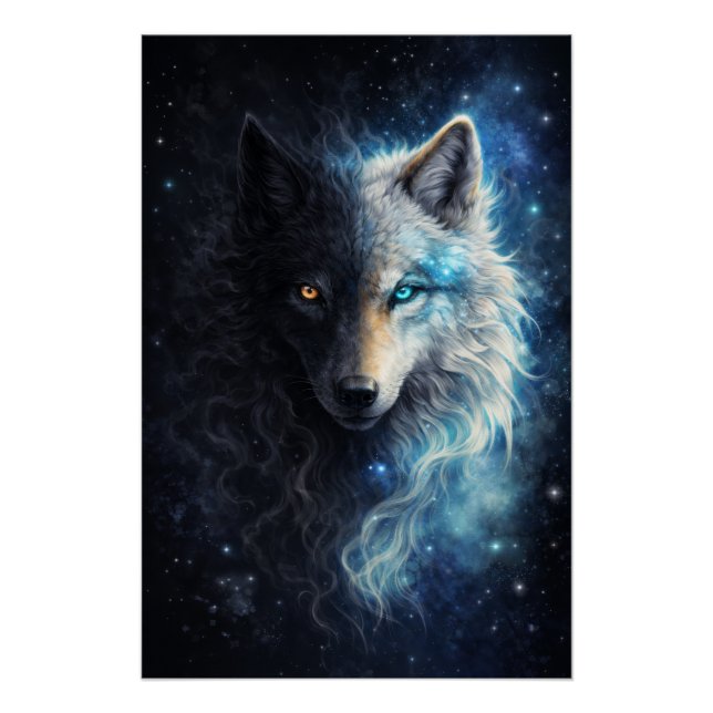 Póster Echo of Duality – Cosmic Twin Wolf | Dark & Light  (Frente)