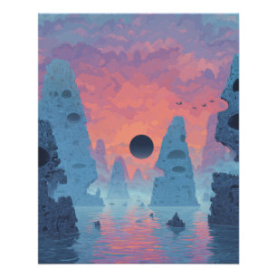 Póster Eclipse Índigo Sobre Paisagem de Sonhos Neon