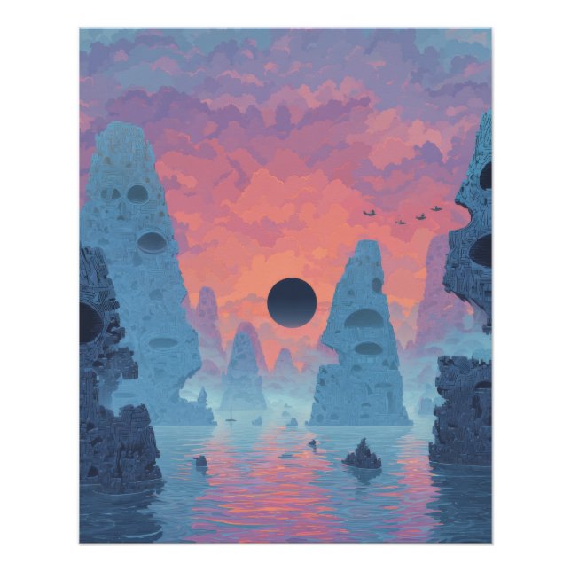 Póster Eclipse Índigo Sobre Paisagem de Sonhos Neon (Frente)
