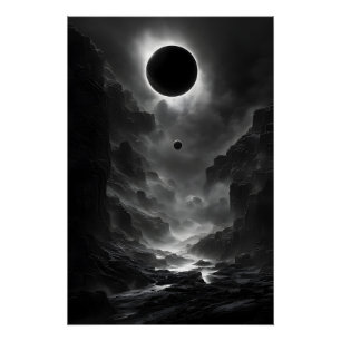 Póster Eclipse Solar Negro e Branco à Noite