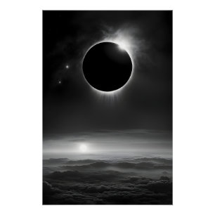 Póster Eclipse Solar Negro e Branco Alto no Céu