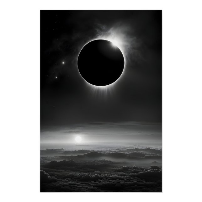 Póster Eclipse Solar Negro e Branco Alto no Céu (Frente)