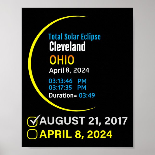 Poster Eclipse Solar Total 8 de Abril de 2024 Ohio Clevel (Frente)