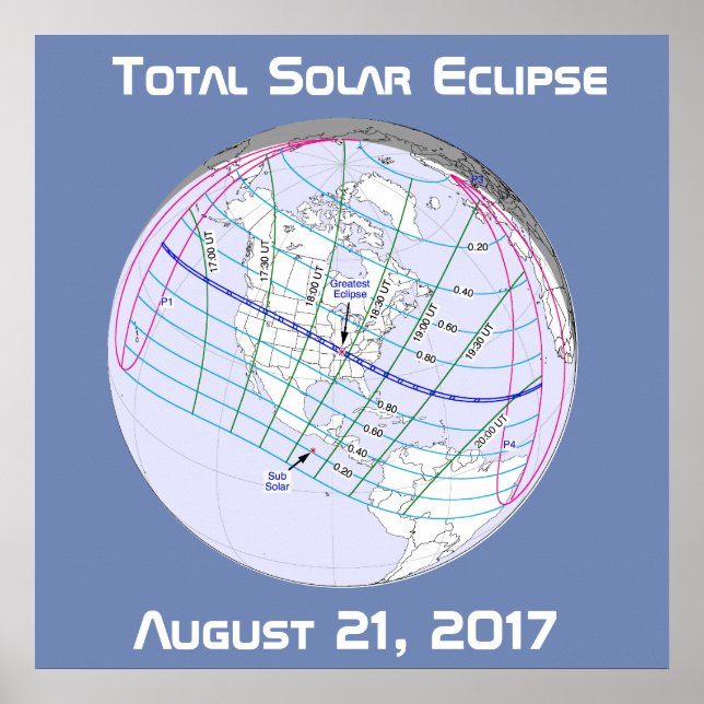 Póster Eclipse Total do Sol 2017 Caminho Global (Frente)