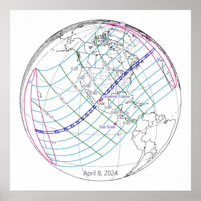 Poster Eclipse Total do Sol 2024 Caminho Global (Frente)
