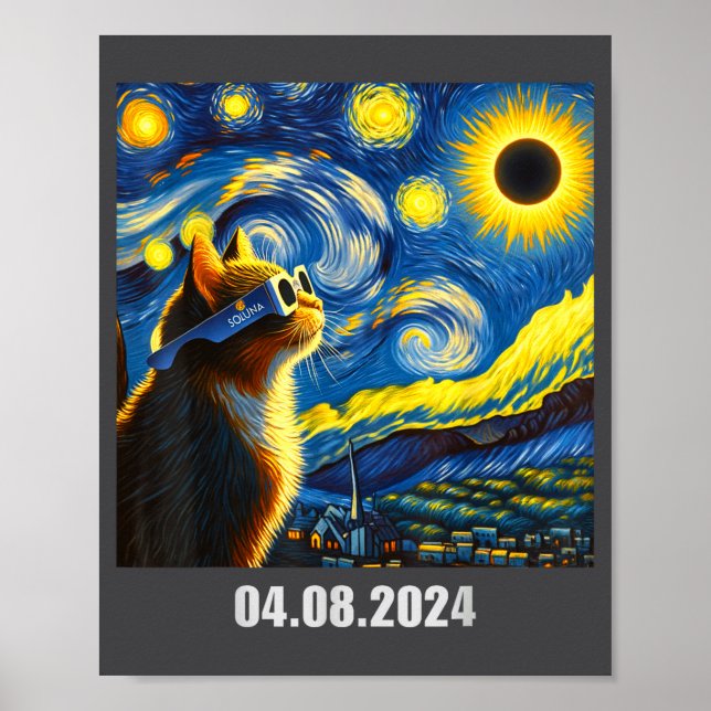 Poster Eclipse Total do Sol 2024 Gato Divertido em Soluna (Frente)