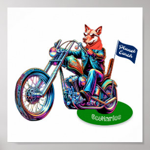 Poster EcoMarlee mascot dirigindo moto com bandeira