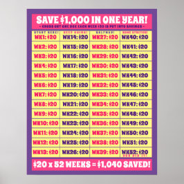 Poster Economize US$ 1.000 em um ano! Objetivos de Dinhei