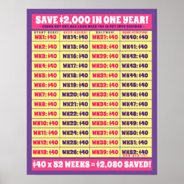 Poster Economize US$ 2.000 em um ano! Objetivos de Dinhei