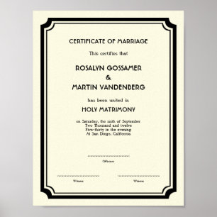 Póster Ecru preto do certificado do casamento da