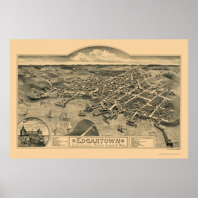 Póster Edgartown, Mapa Panorâmico do MÃE - 1886 (Frente)