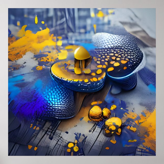 Poster Edgy Modern Blue Yellow Metallic Mushroom Pop Art (Frente)