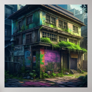 Poster Edifício Abandonado com Grafite Roxo Decadência Ur
