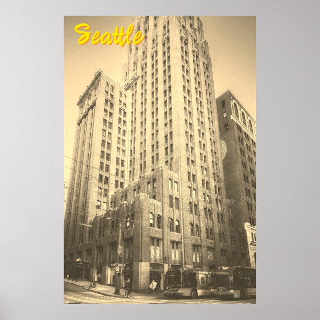 Poster Edifício Alto de Tijolo Vintage Seattle (Frente)