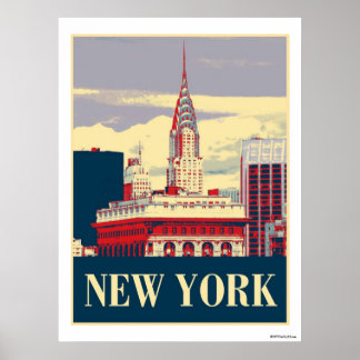 Póster Edifício Chrysler de Azul Branco Vermelho