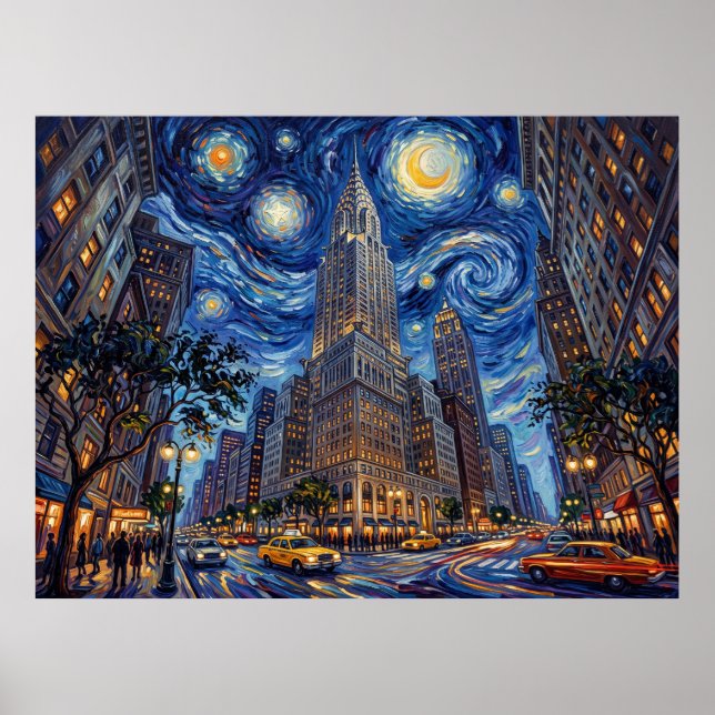 Poster Edifício Chrysler Nova York Sob Noite Estrelada (Frente)