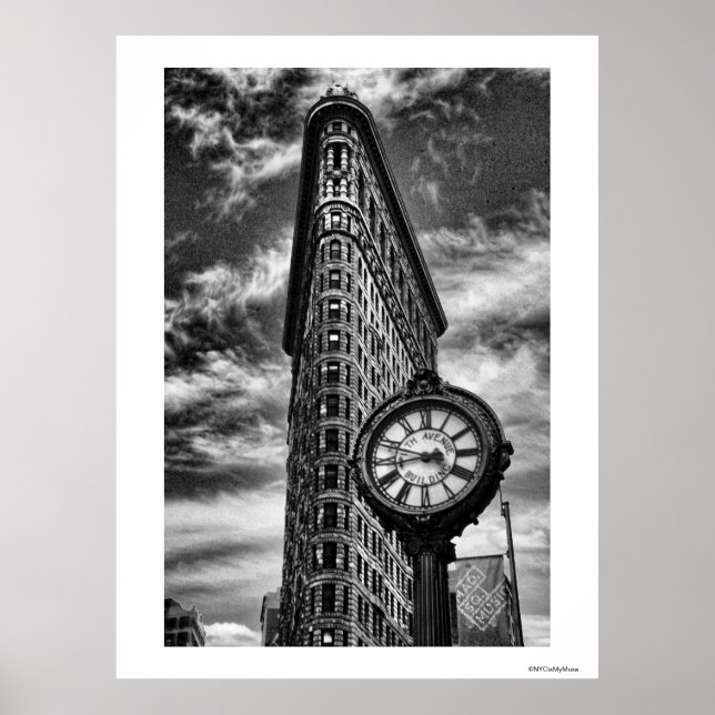 Poster Edifício Flatiron e Relógio em Preto e Branco (Frente)