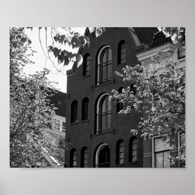Poster Edifício histórico negro e branco em Amesterdã (Frente)