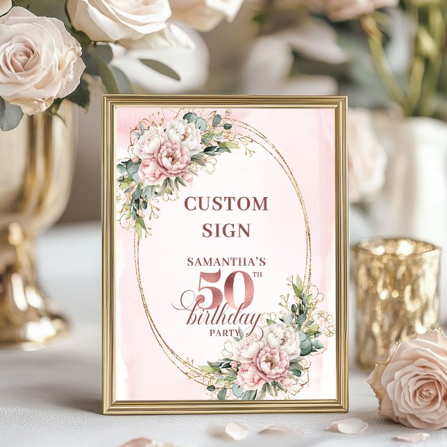 Poster Editable Elegant Blush Floral 50th Birthday Custom (Editable Elegant Blush Floral 50th Birthday Custom Sign)